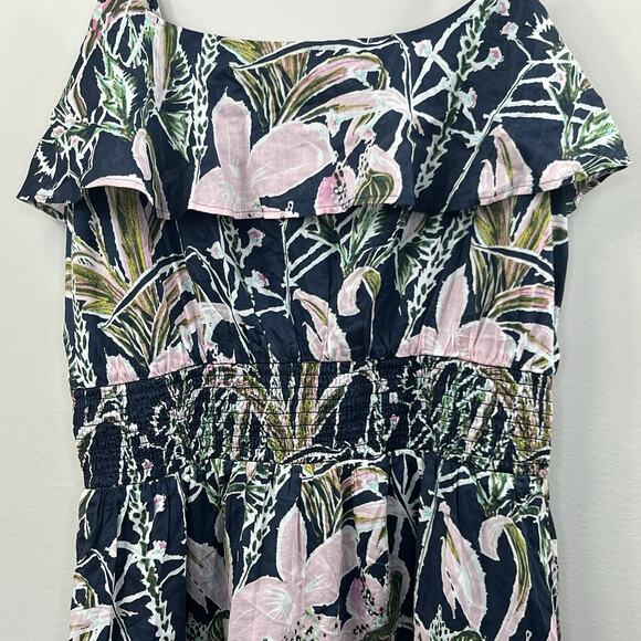 Vineyard Vines Navy Blue Floral Ruffle Midi Tank Dress Size L Smocked - Picture 3 of 12